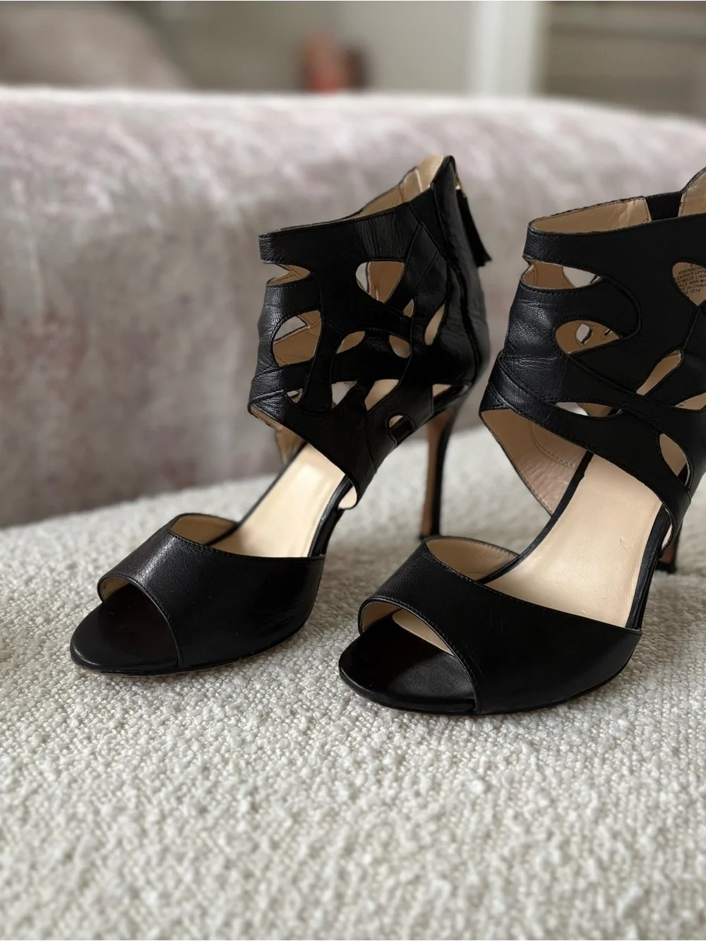 Nine West Black Leather Cutout Peep-Toe High Heels